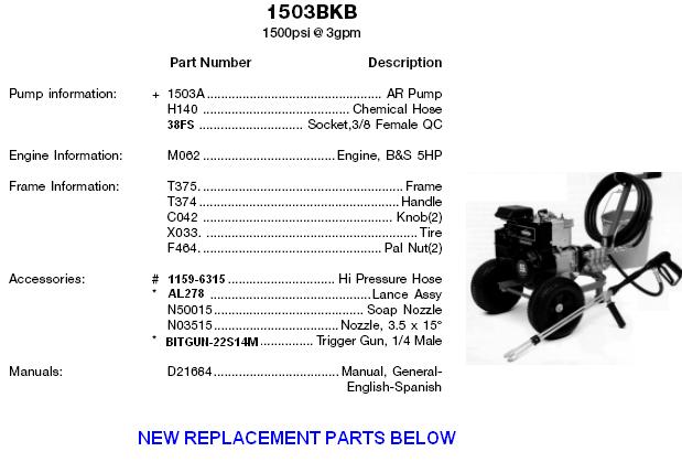 Devilbiss pressure washer model 1503BKB ( AR ) PARTS